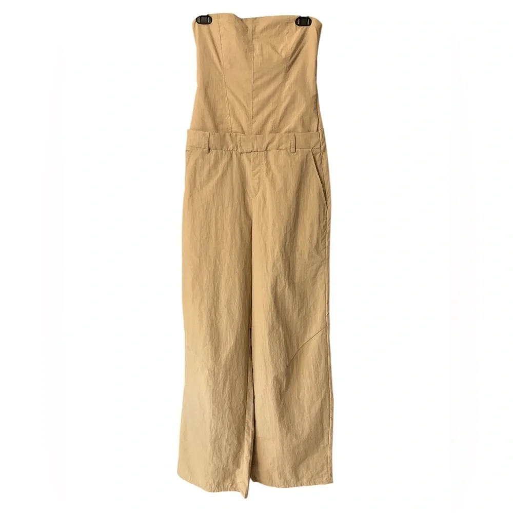 ZARA Khaki Tan Nylon Strapless Wide Leg Utility Jumpsuit NWT - Picture 6 of 11